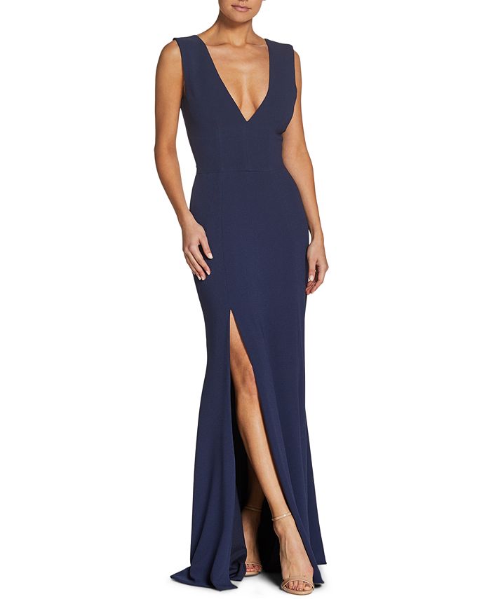 Vestido trompete de crepe com decote profundo Sandra da Dress the Population para mulheres, azul, tamanho grande