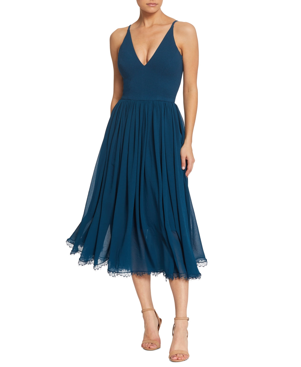 Vestido Midi Alicia Mixed Media Feminino Dress The Population Azul Tamanho Médio