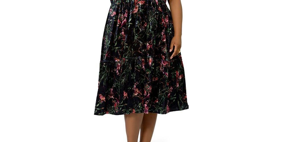 Vestido midi de veludo floral Miranda da Leota feminino, verde, tamanho 1X
