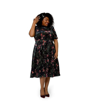 Vestido midi de veludo floral Miranda da Leota feminino, preto, tamanho 2X