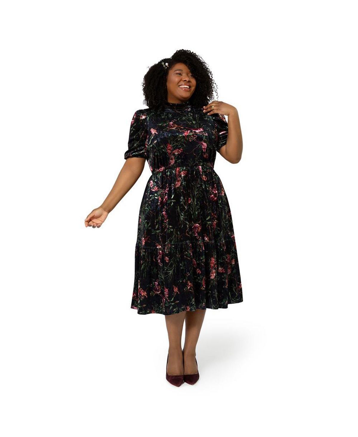 Vestido midi de veludo floral Miranda da Leota feminino, preto, tamanho 2X