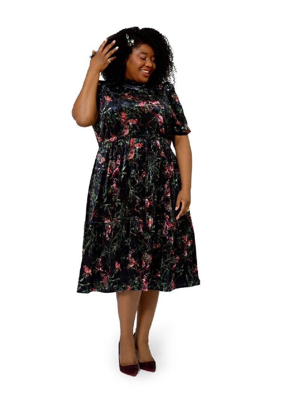 Vestido midi de veludo floral Miranda da Leota feminino, verde, tamanho 3X