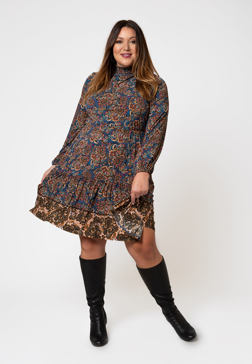 Vestido feminino Leota manga longa verde oliva em Boho Paisley (Curve) Azul