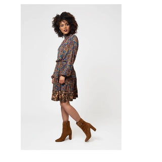 Vestido feminino Leota manga longa verde oliva em Boho Paisley (Curve) Azul