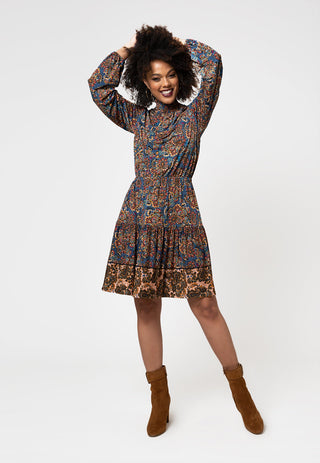 Vestido feminino Leota manga longa verde oliva em Boho Paisley azul