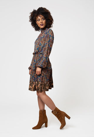 Vestido feminino Leota manga longa verde oliva em Boho Paisley azul