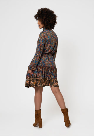 Vestido feminino Leota manga longa verde oliva em Boho Paisley (Curve) Azul