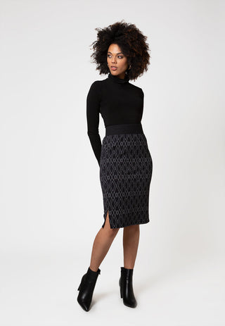 Saia lápis midi feminina Leota em jacquard luxuoso com linhas de diamante, preta