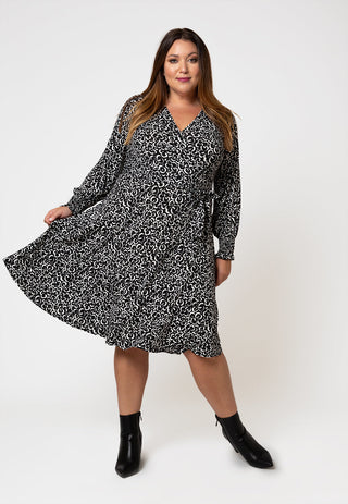 Vestido midi feminino Leota com manga comprida e caimento perfeito em gardênia gráfica (curva) branco