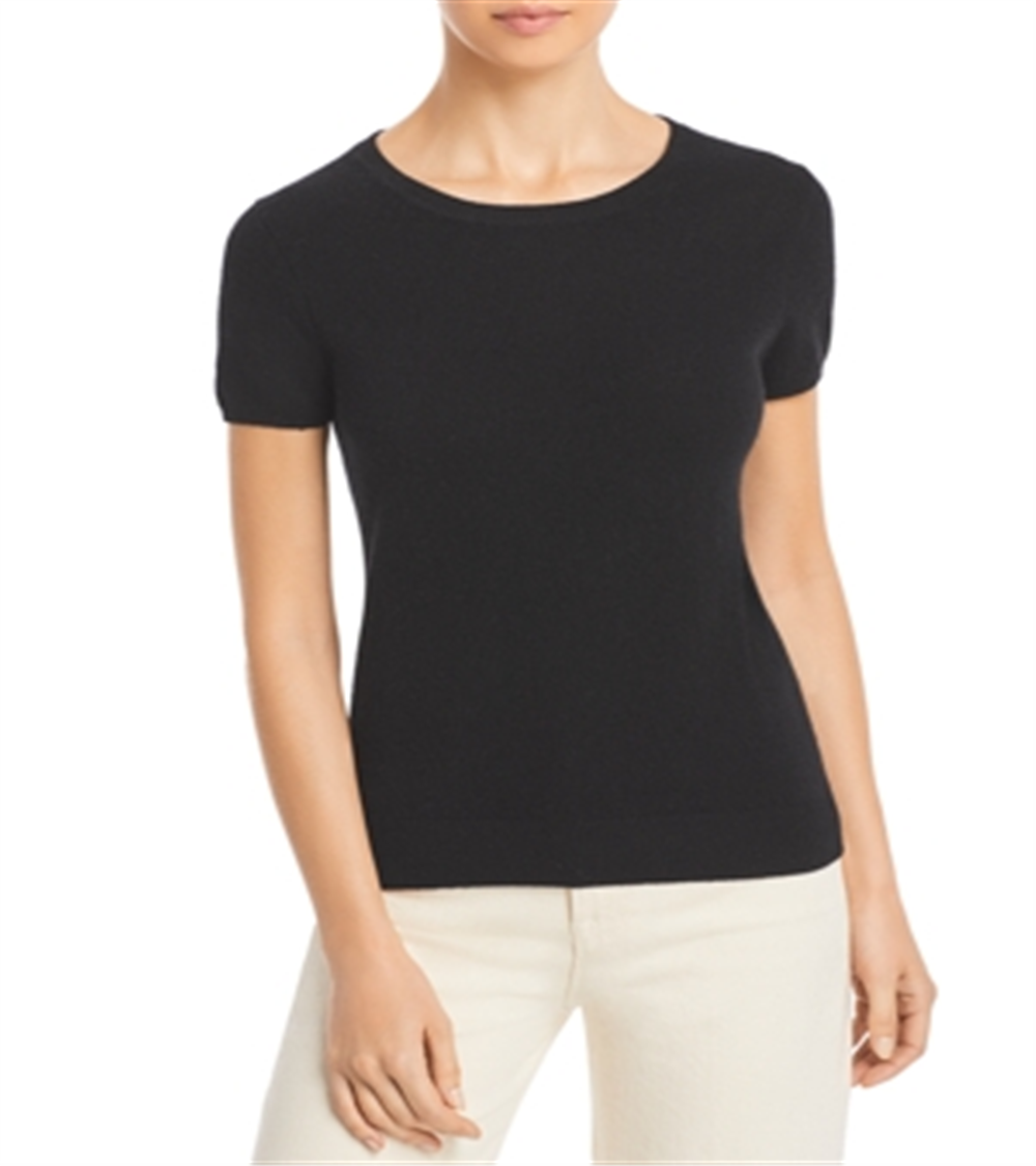 Suéter de cashmere de manga curta C by Bloomingdale's, preto, tamanho M