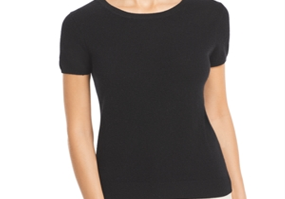 Suéter de cashmere de manga curta C by Bloomingdale's, preto, tamanho M