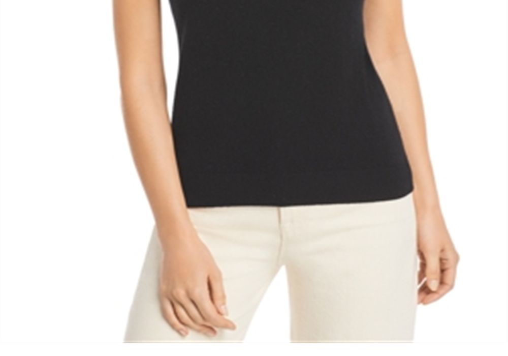 Suéter de cashmere de manga curta C by Bloomingdale's, preto, tamanho M