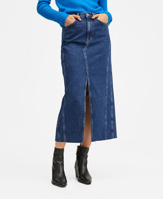 Saia midi jeans feminina Mango azul tamanho médio