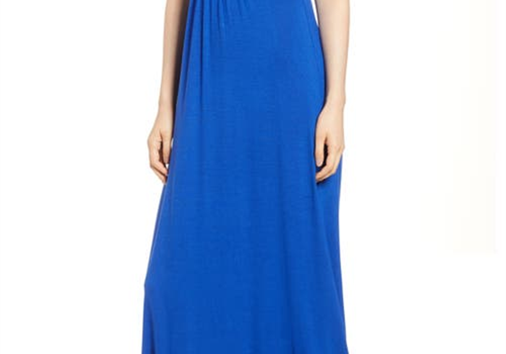 Vestido longo de jersey com decote em V Loveappella em azul Mazarine, tamanho pequeno