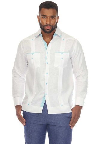 Camisa masculina Mojito 100% linho Guayabera Chacabana manga comprida com detalhes estampados tamanho XXL