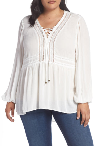 Top feminino Seven7 com cadarço Peasant, branco, tamanho 1X