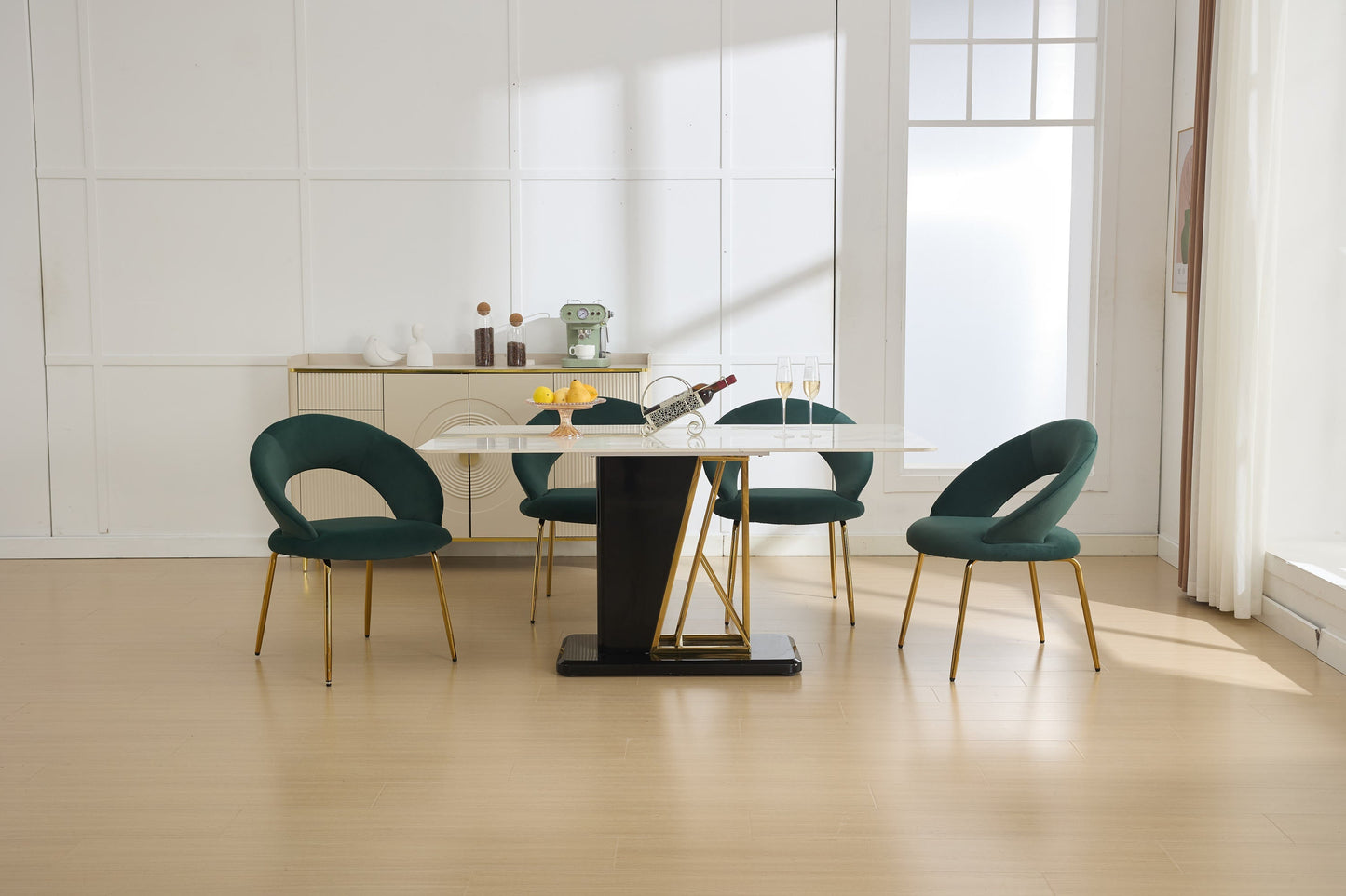 Velvet Fabric Dining Chair with Curved Backrest and Golden Metal Legs