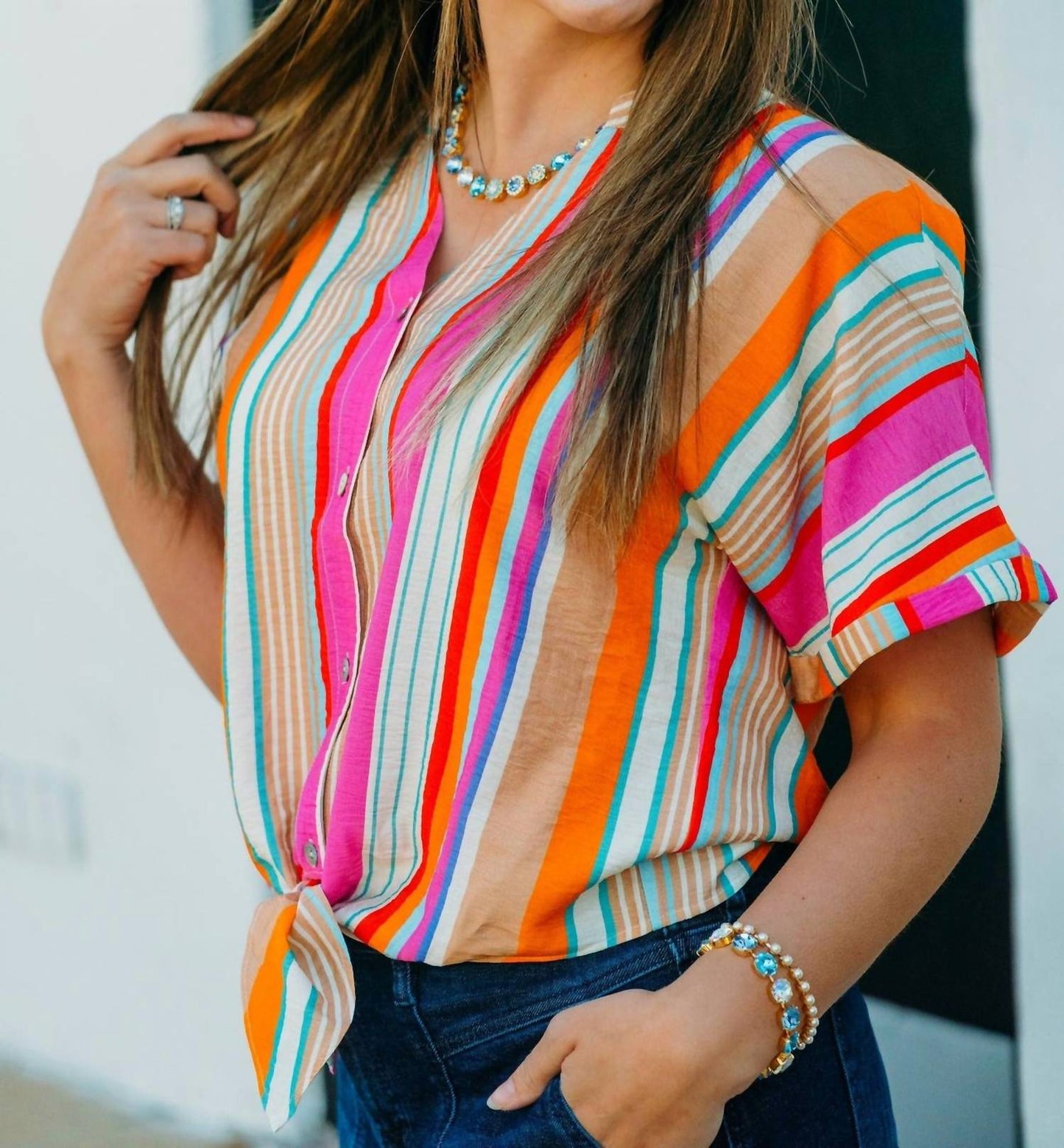 Esqualo - Striped Knit Front Blouse