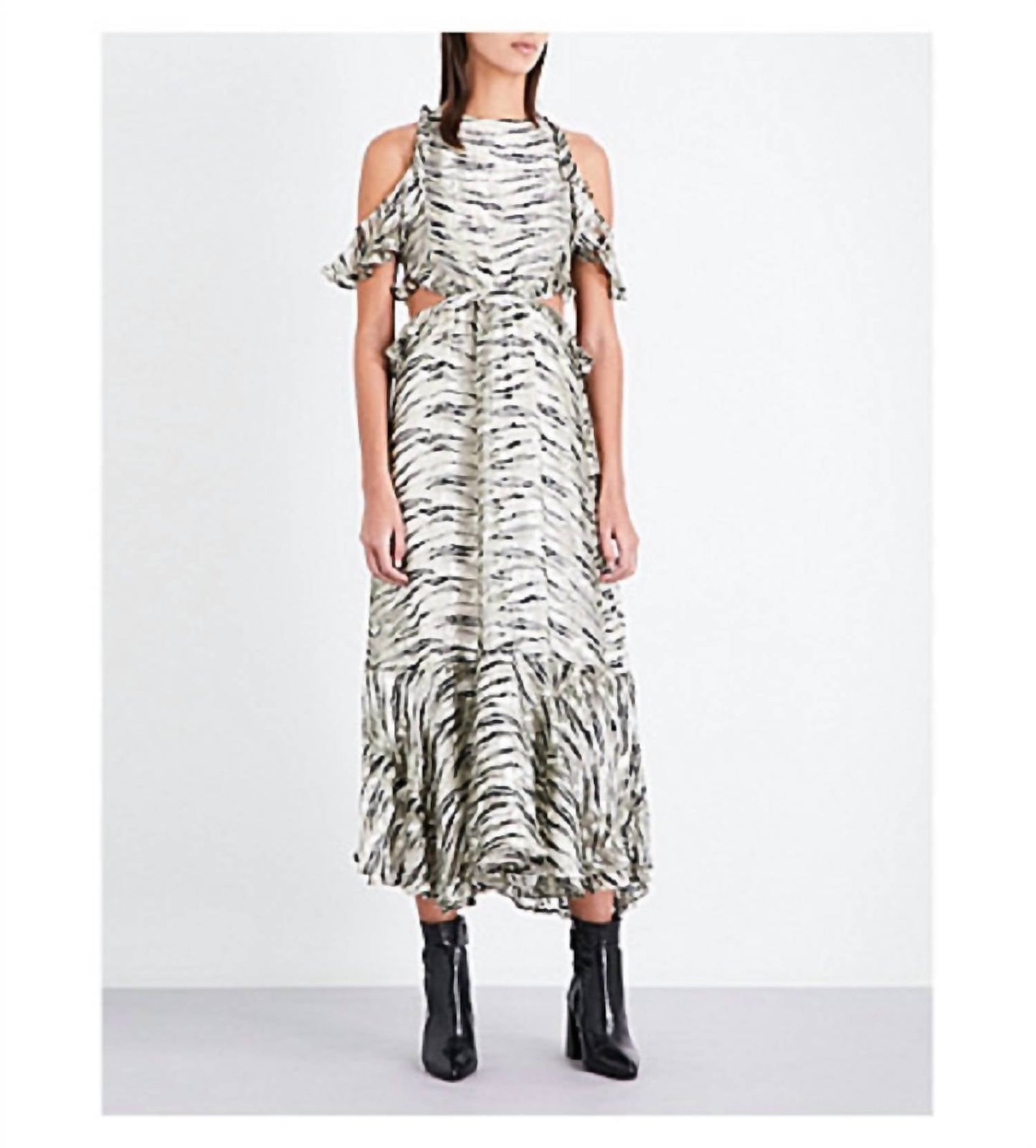 Topshop - Animal Print Silk Ruffle Open Back Cutout Midi Dress