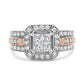 14K White and Rose Gold 1 1/8 Cttw Princess and Round-Cut Diamond Art Deco Style Triple Shank Halo Cocktail Ring (I-J Color, SI2-I1 Clarity) - Size 7