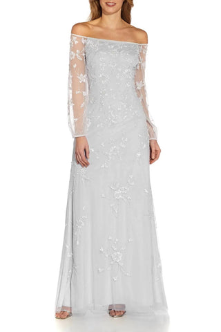Adrianna Papell - Off The Shoulder Long Sleeves Long Beaded Gown