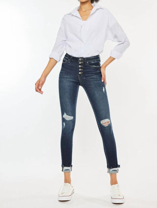 Kancan - Calça jeans skinny de cintura alta com botões e punho no tornozelo