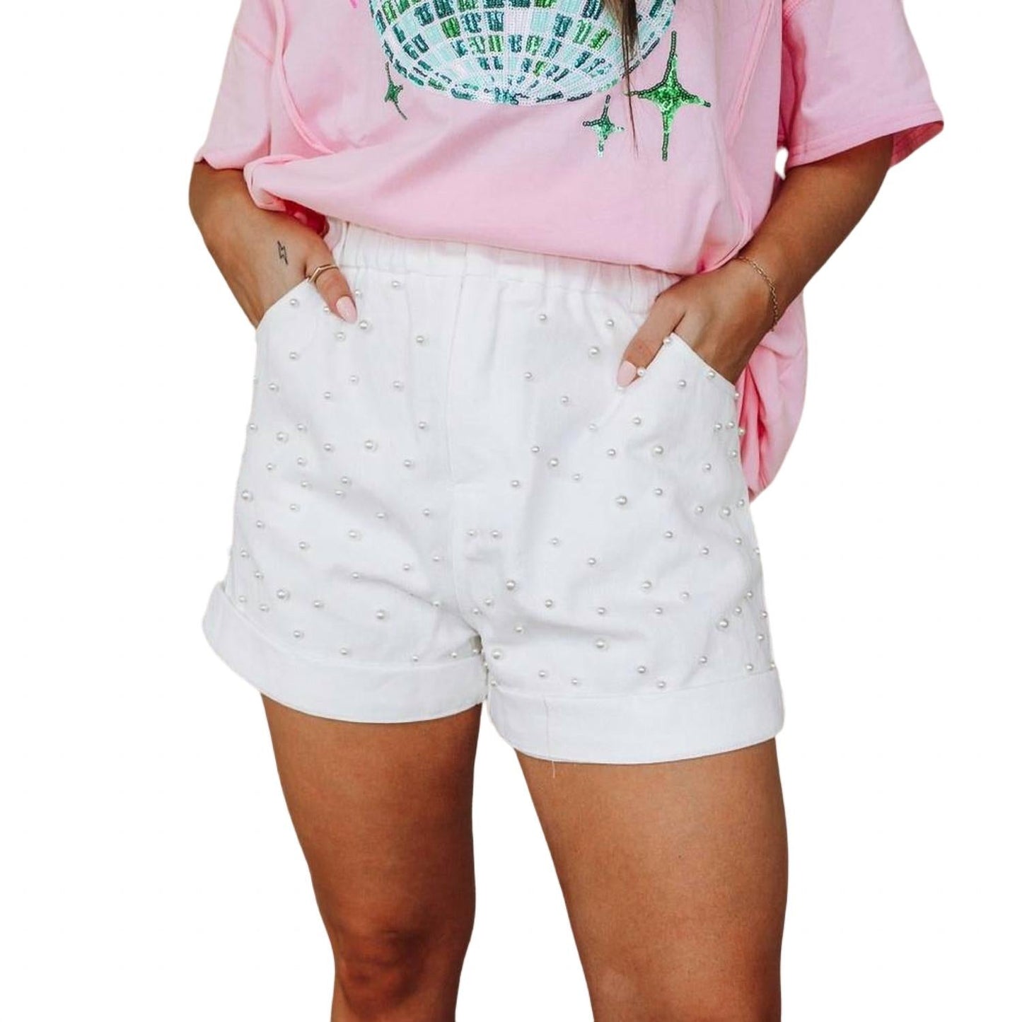 Fantastic Fawn - Women's Pearl Studded Paperbag Shorts