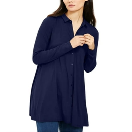 Women's Point Collar Button-Up Tunic - Medium Blue