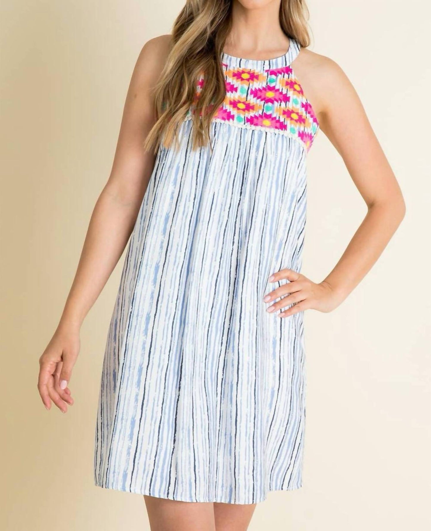 Thml - Stripe Embroidered Halter Dress