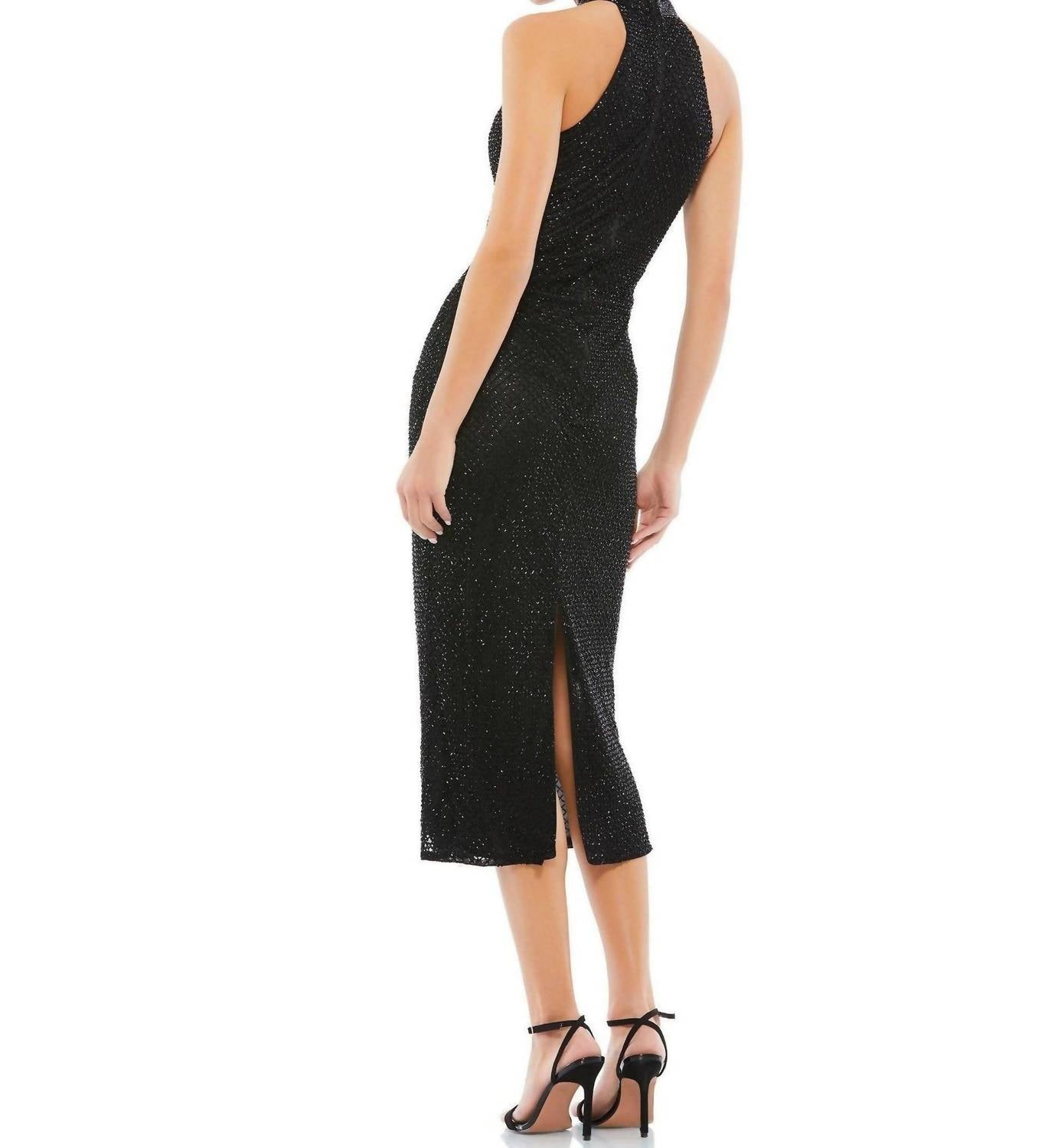Mac Duggal - Beaded High Neck Halter Midi Dress Sleeveless