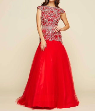 Mac Duggal – Vestido trompete ilusão ornamentado com manga curta