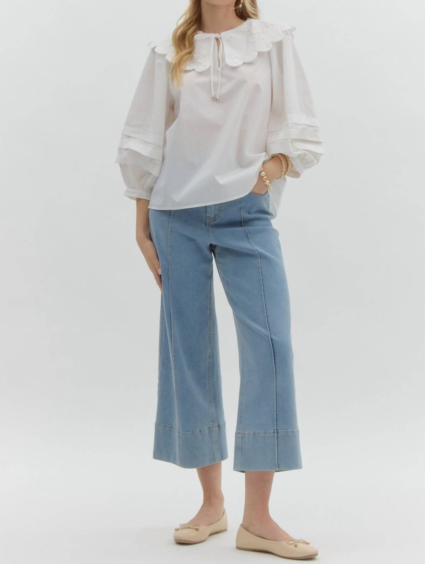 Entro - Oversized Floral Scalloped Collared Shirt