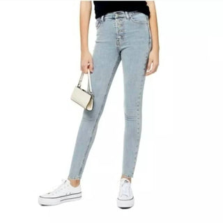 Topshop - Calça jeans skinny Jamie com botões expostos e cintura alta e lavagem clara