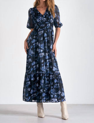 Elan - Vestido longo floral com decote em V e manga três quartos