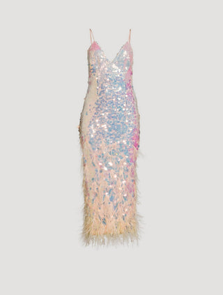 Loveshackfancy - Miriana Feather-trimmed Sequin Slip Midi Dress