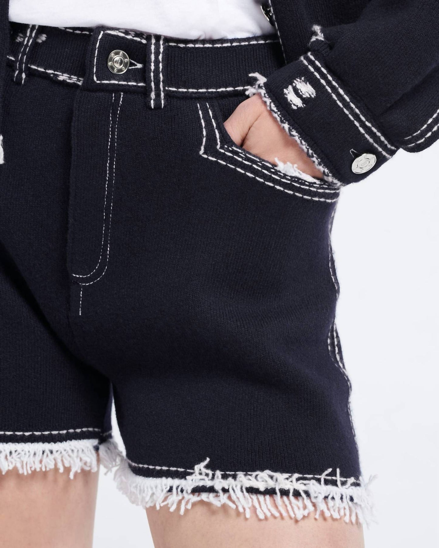 Barrie - Denim Fringed Cashmere And Cotton Shorts