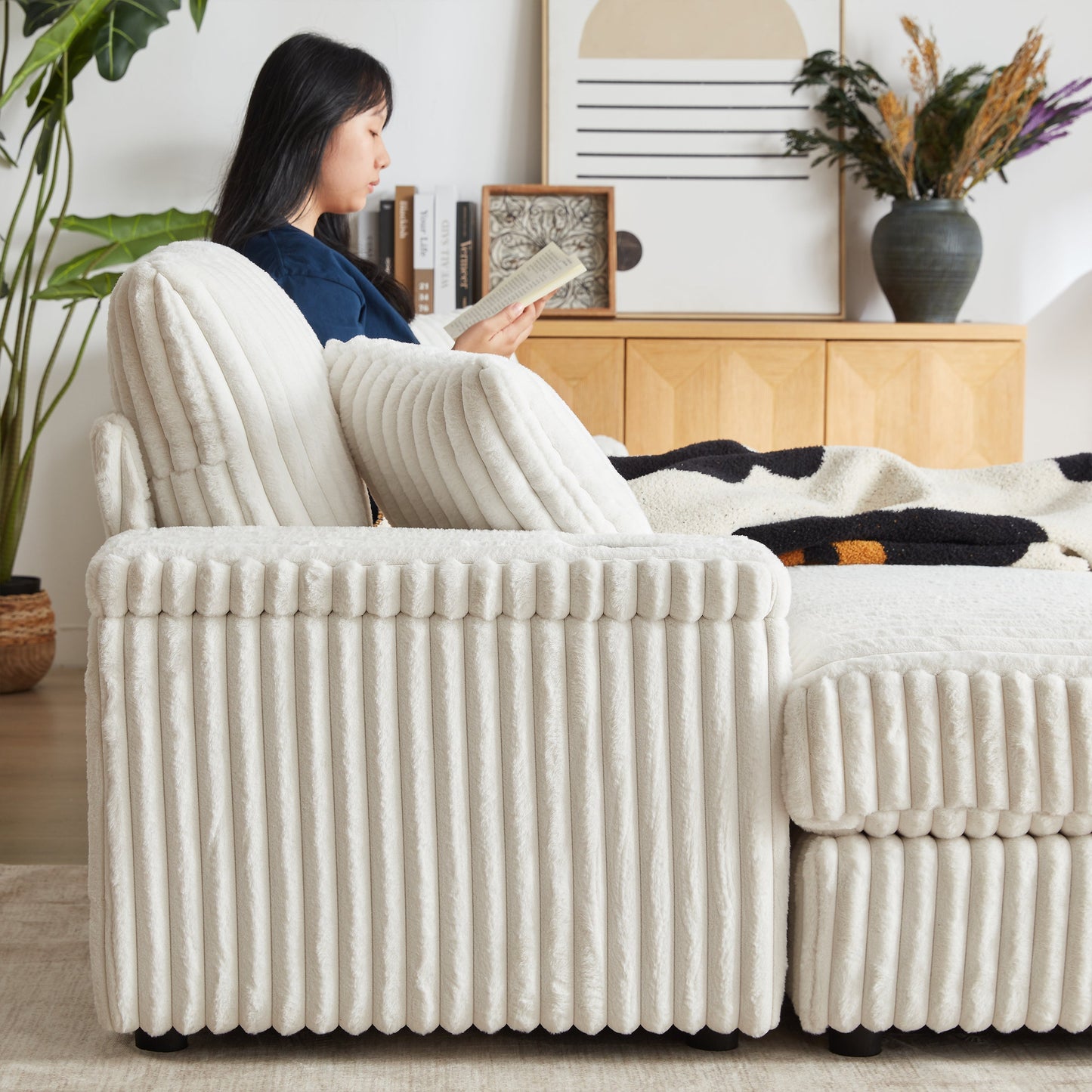 84-Inch Corduroy 3-Seater Sofa with Pillows and Ottomans