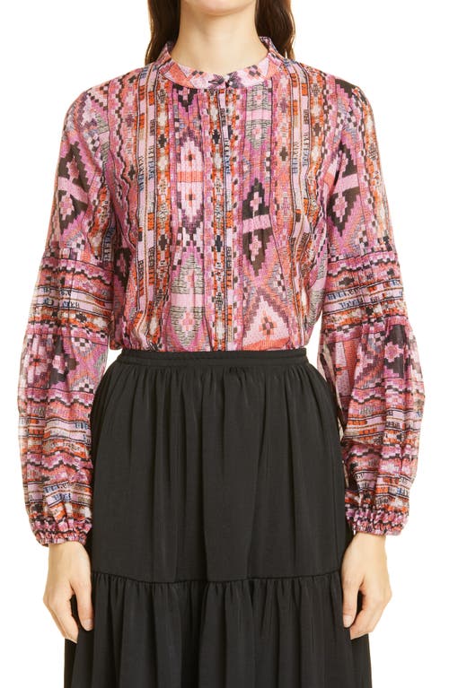 KOBI HALPERIN Melody Print Pintuck Cotton Blouse in Pink Lady Multi, Size Medium