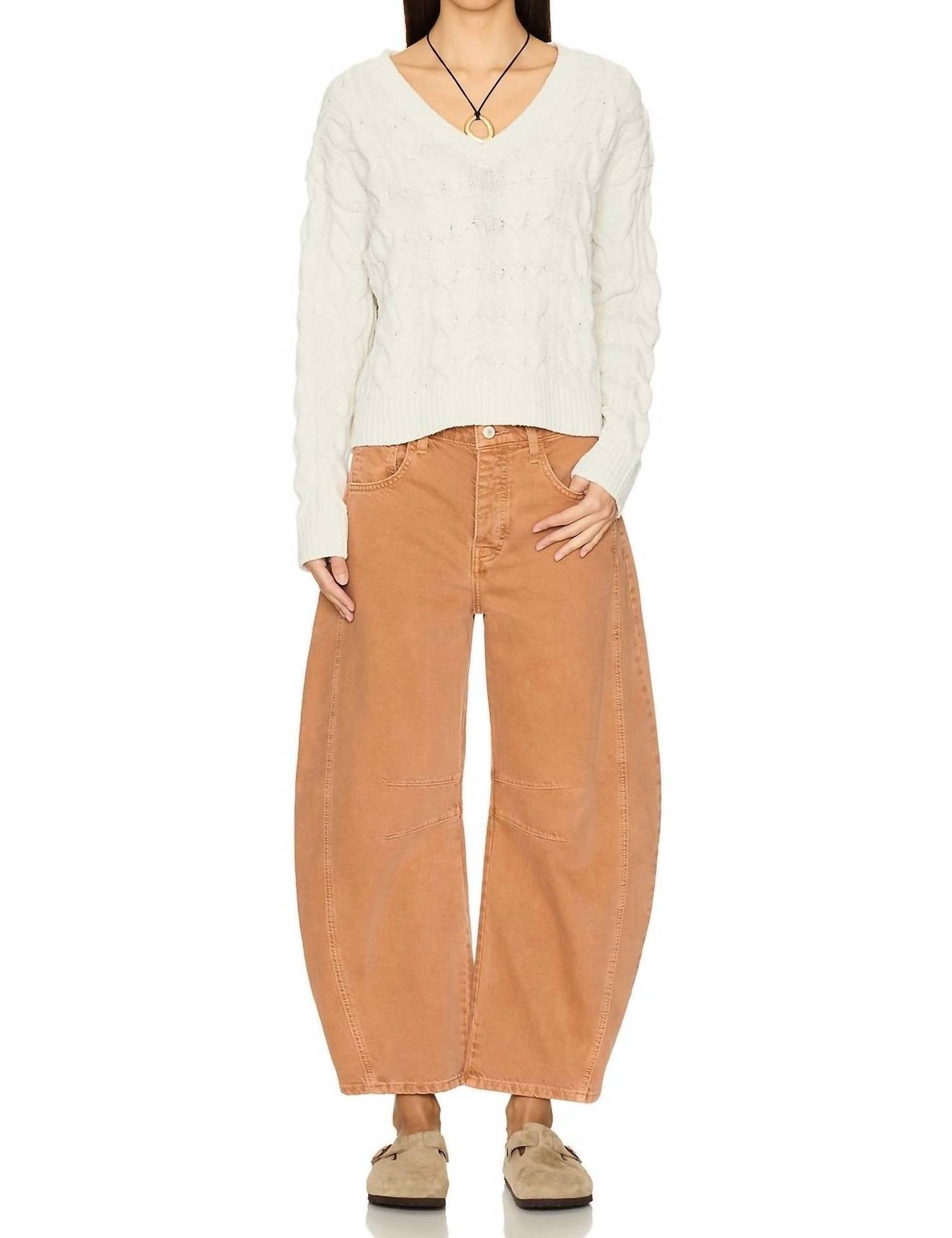 Free People - Washed Cable V-Neck Sweater