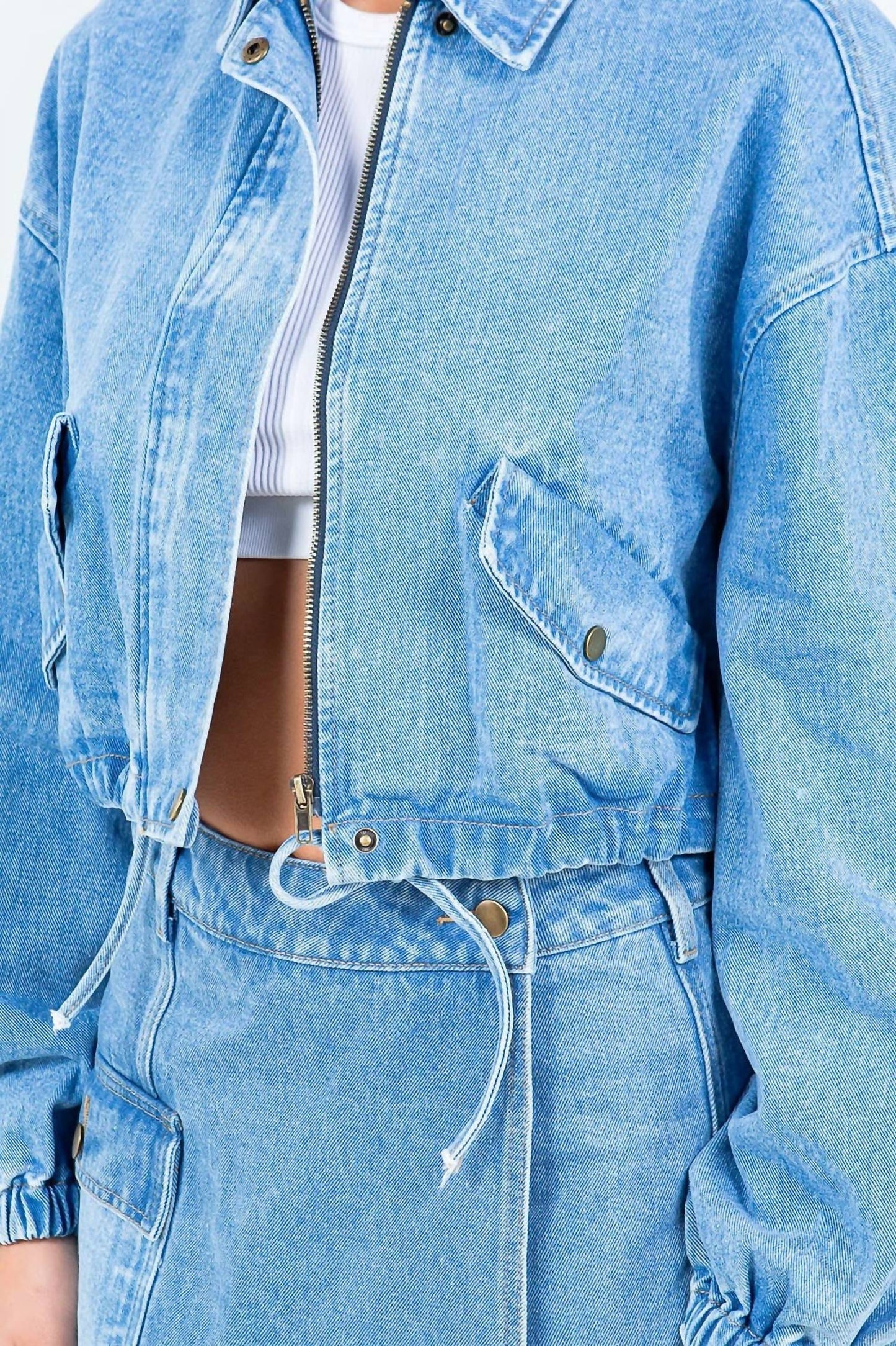 American Bazi - Cropped Denim Jacket With Drawstring Waist