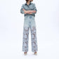 Bayeas - Rhinestone Patchwork Wide Leg Jeans