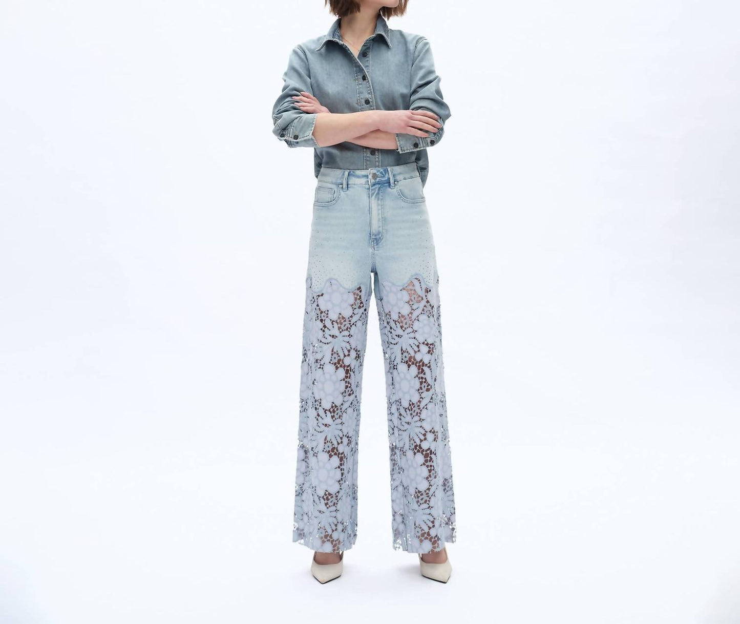 Bayeas - Rhinestone Patchwork Wide Leg Jeans