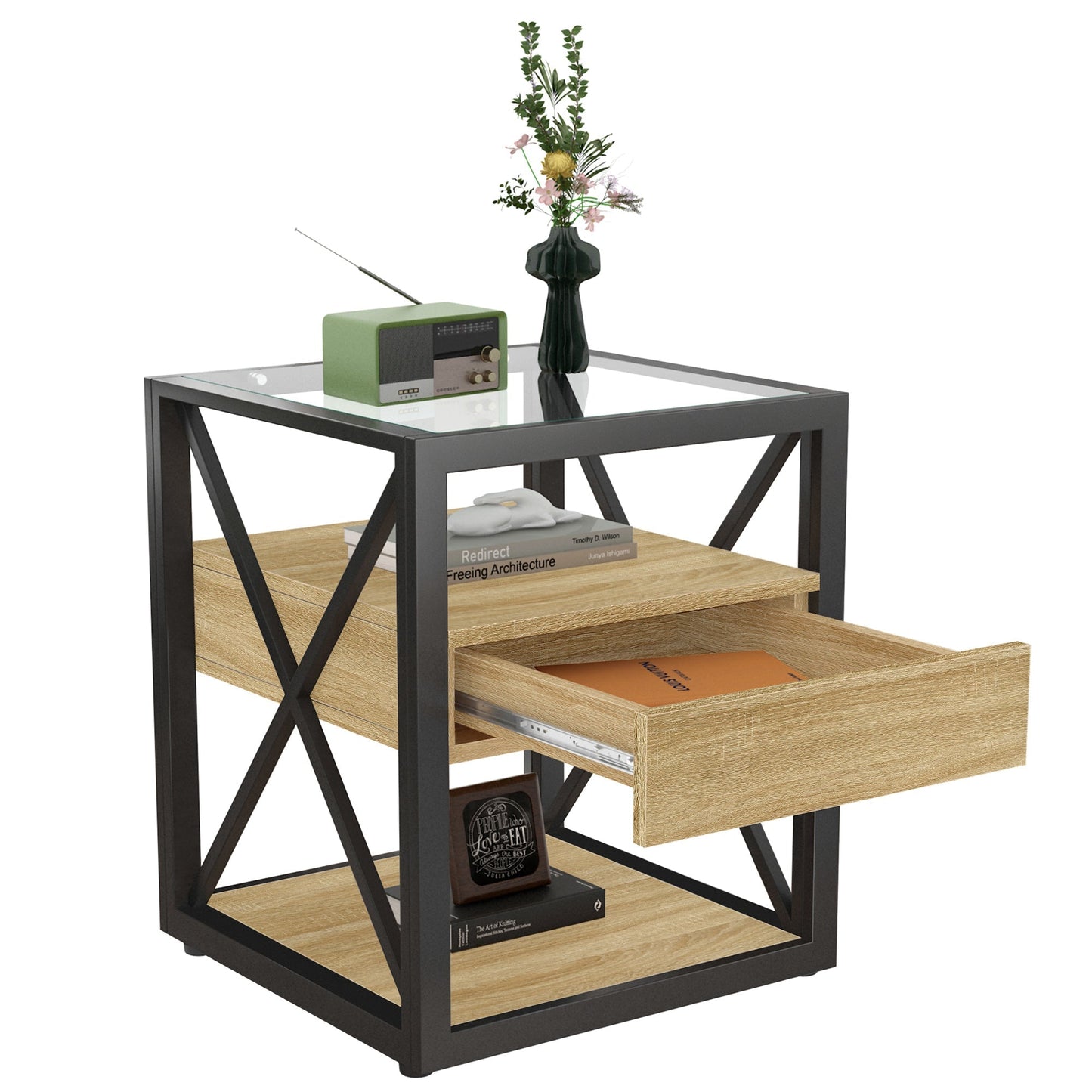 1 Piece Modern End Table with Drawer - Natural Wood & Tempered Glass
