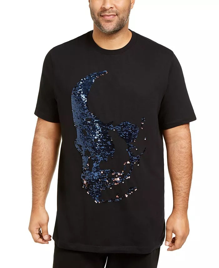 Camiseta masculina com estampa de caveira e lantejoulas Renew da INC International Concepts, preta, tamanho 48, grande e alta