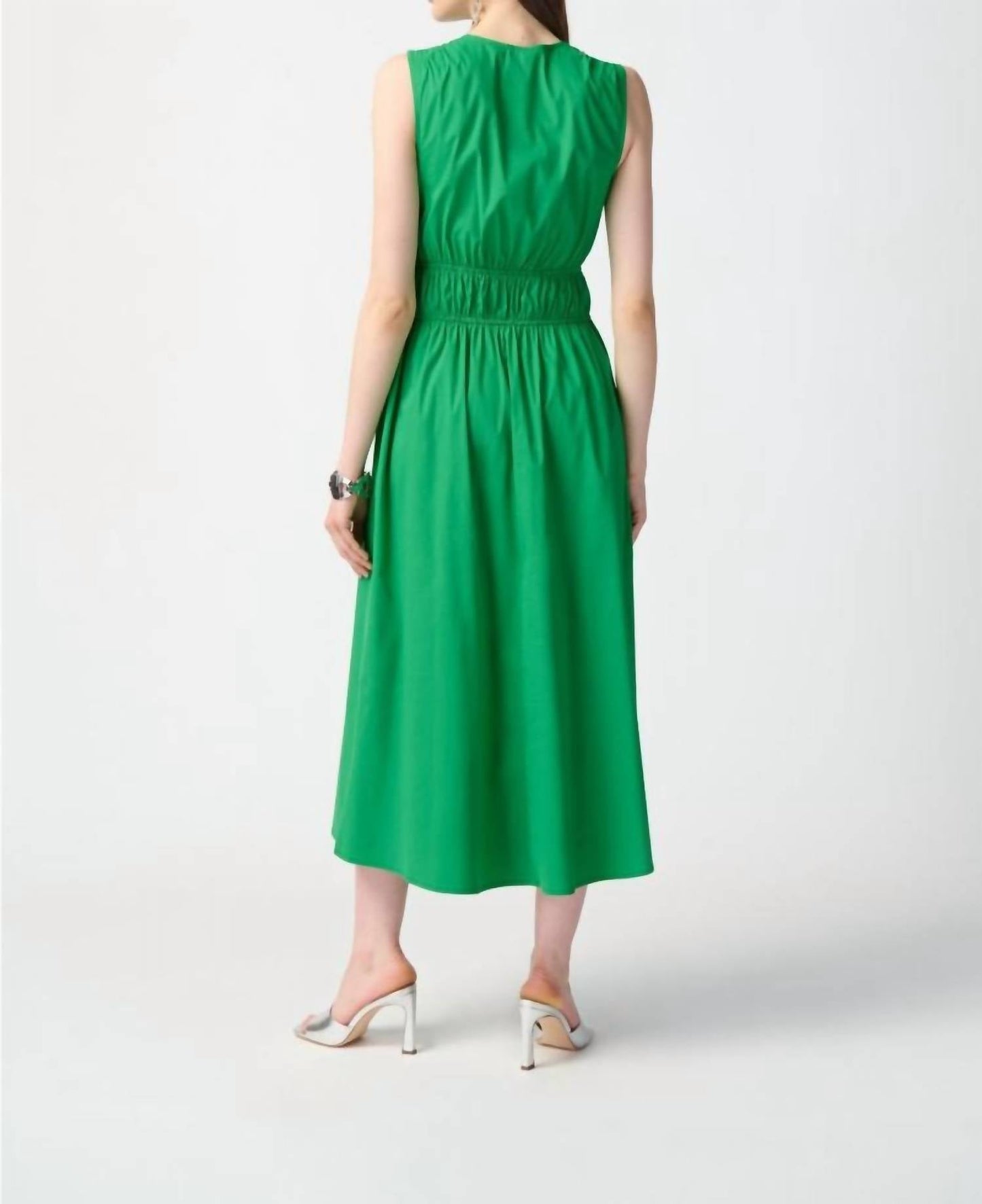 Joseph Ribkoff - Shirred V-neck Sleeveless Midi A-line Dress