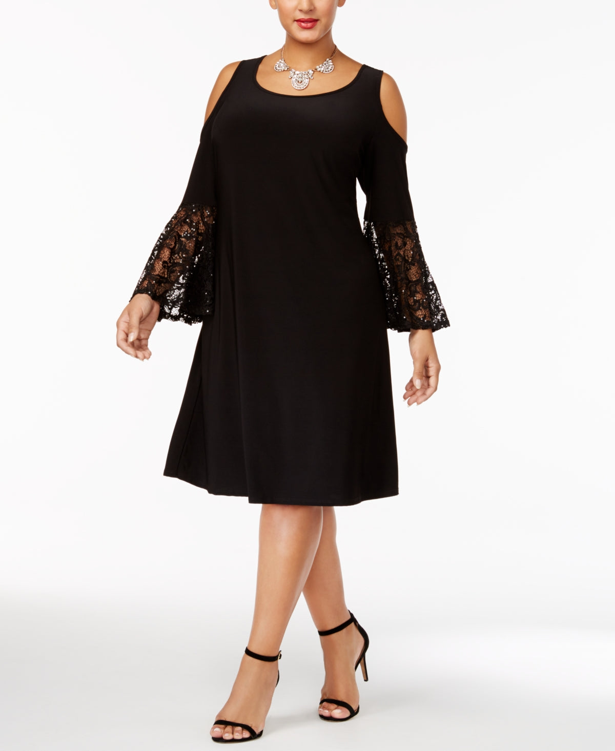 Vestido feminino R &amp; M Richards com ombros descobertos e mangas compridas, preto, tamanho 20W