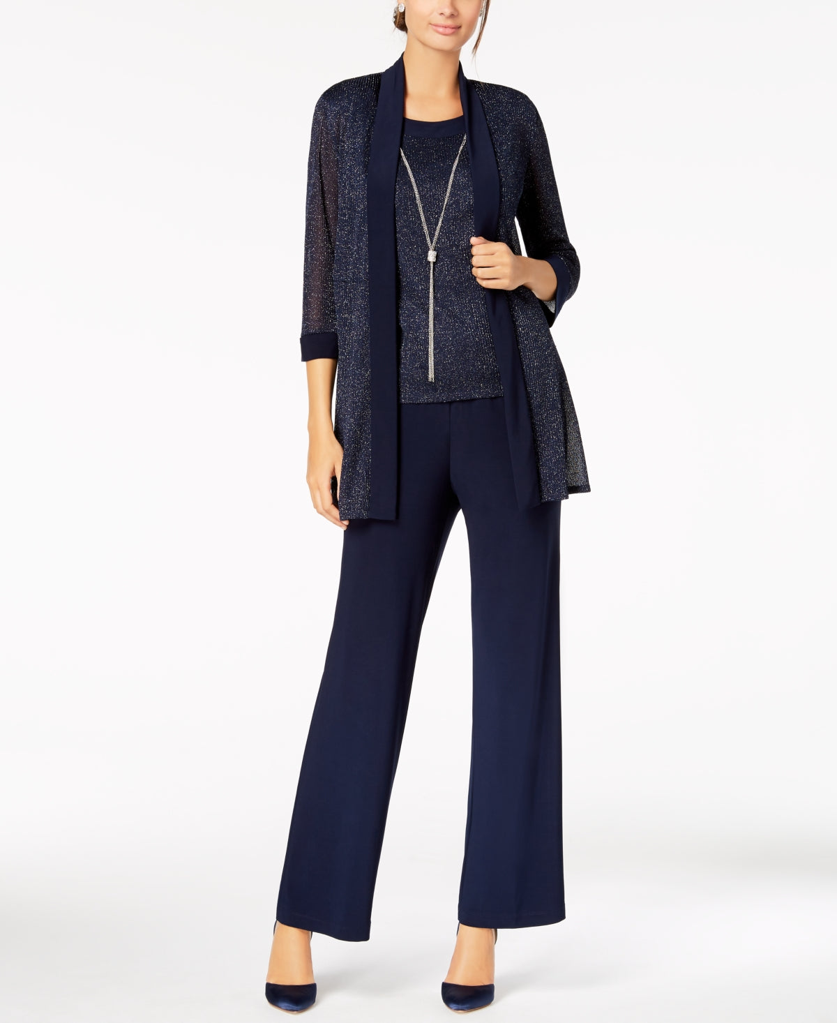 Conjunto de calça e colar metálico feminino R &amp; M Richards, azul, tamanho 6, pequeno