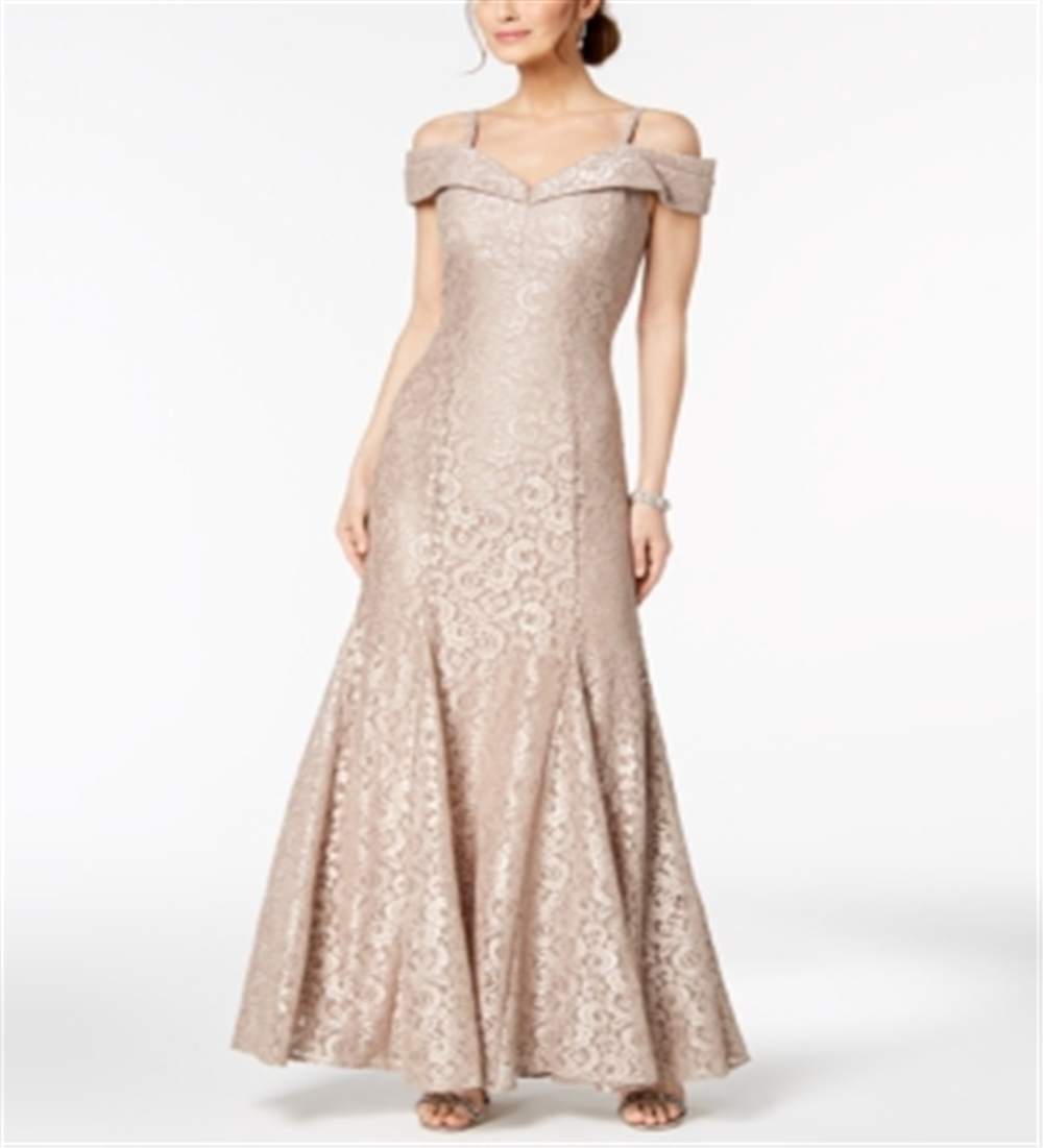 Vestido de renda ombro a ombro feminino R &amp; M Richards, tamanho 12, dourado