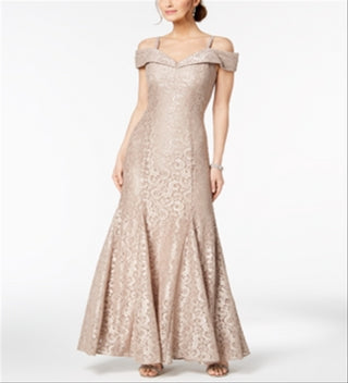 Vestido de renda ombro a ombro feminino R &amp; M Richards, tamanho 12, dourado