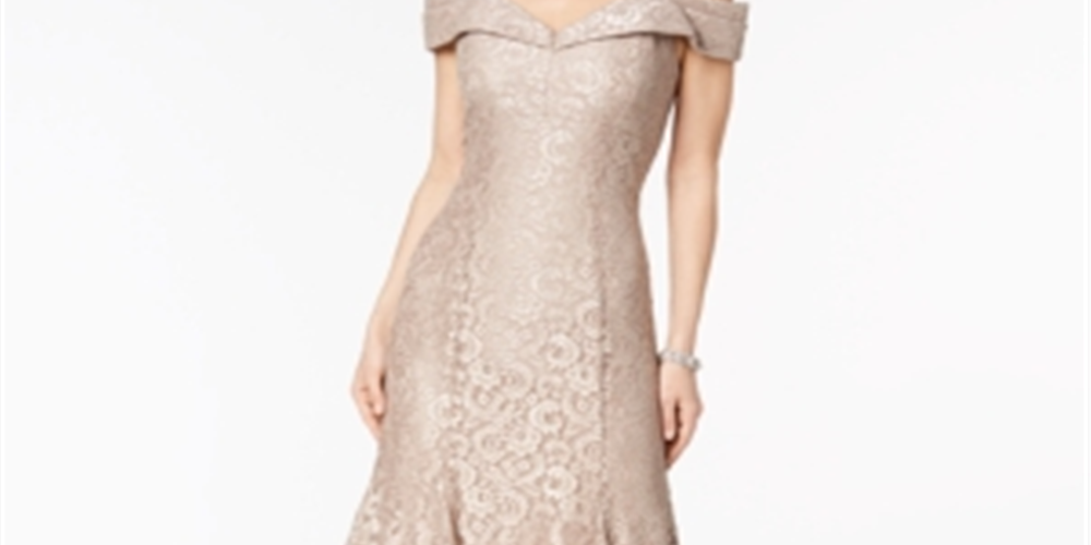 Vestido de renda ombro a ombro feminino R &amp; M Richards, tamanho 12, dourado